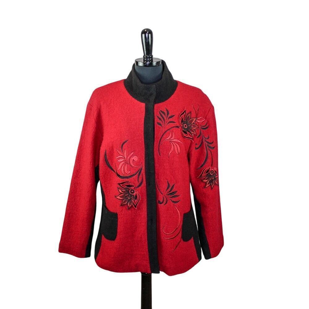 Carson Wool Light Jacket Applique Flowers Red Whimsygoth Folk Boho XL